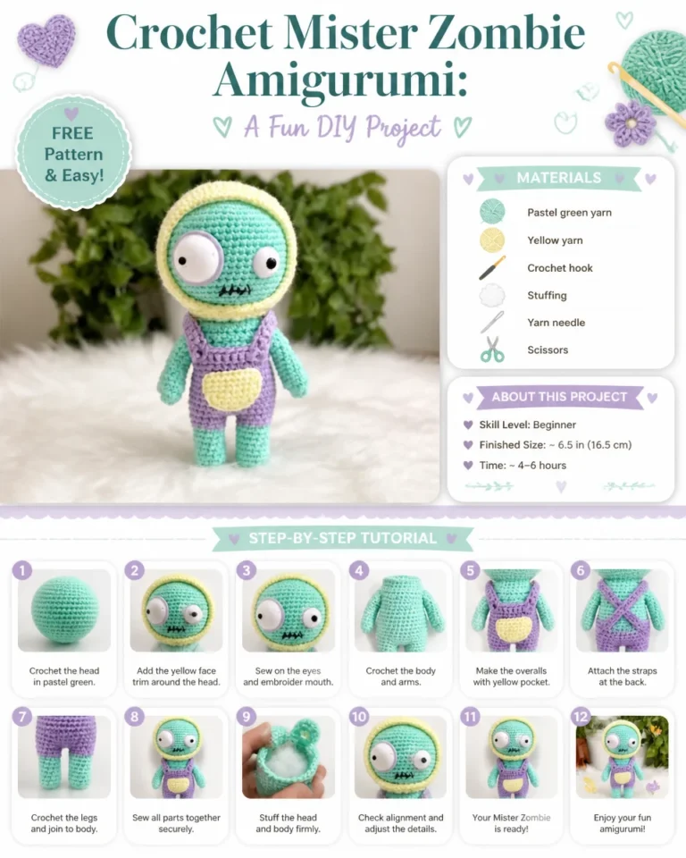Handmade crochet Mister Zombie amigurumi toy project
