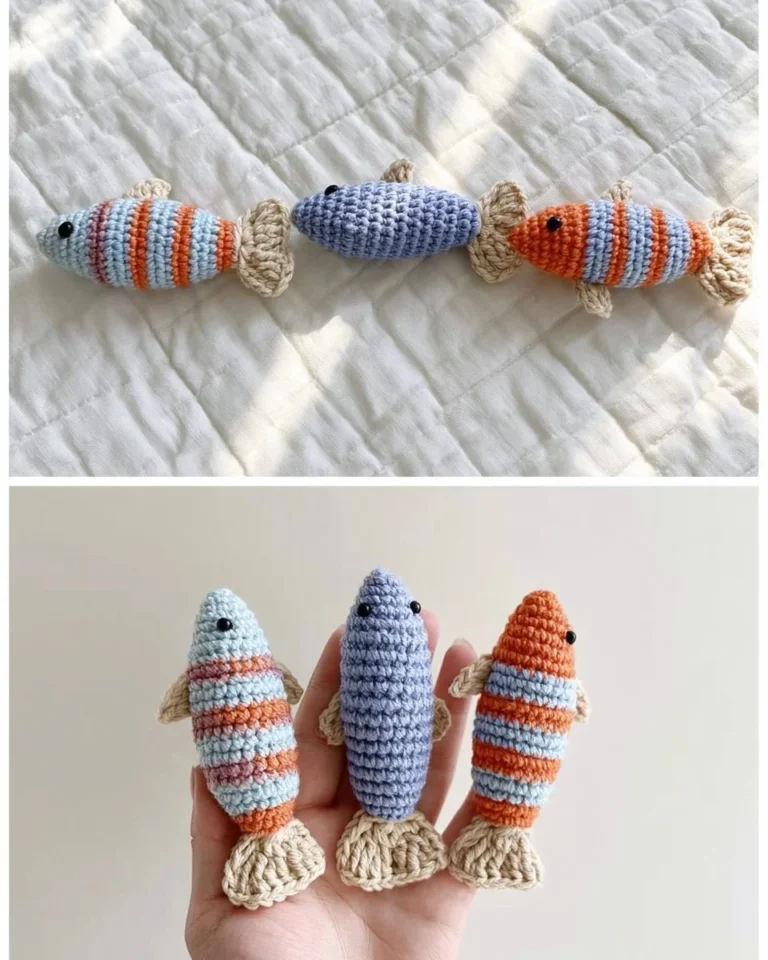 DIY crochet sardines tutorial with colorful yarn and completed projects.