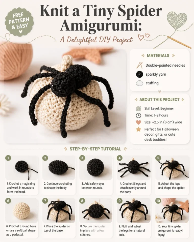 Knit spider amigurumi guide with completed tiny spider plush toy