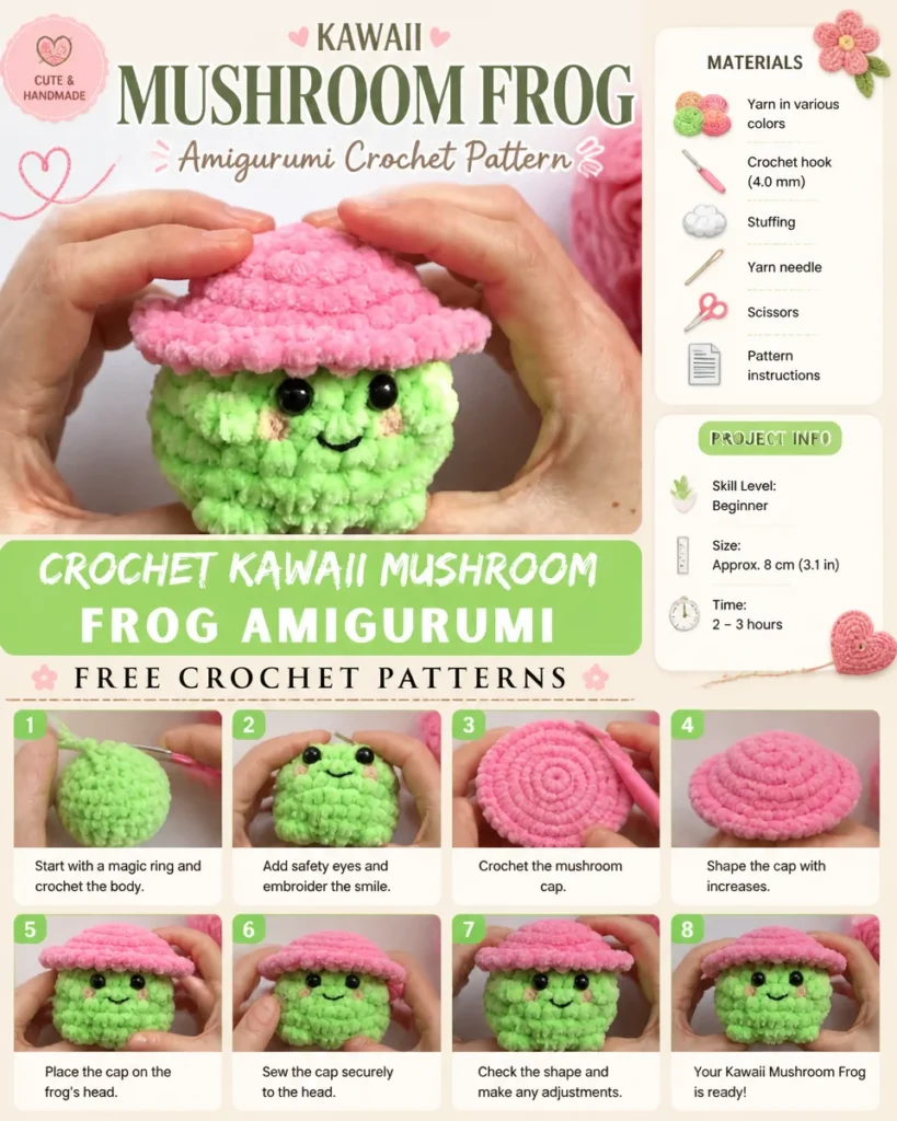 Kawaii Mushroom Frog Amigurumi pattern showcasing a cute crochet toy design.
