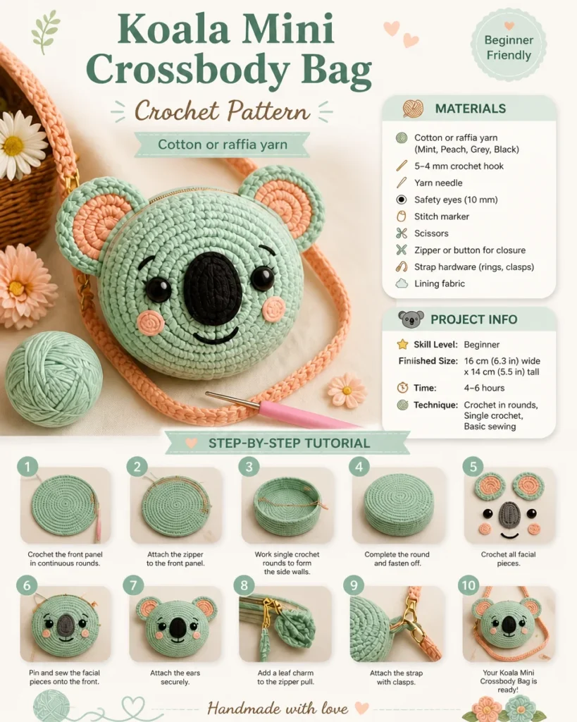 Cute koala themed mini crossbody crochet bag pattern