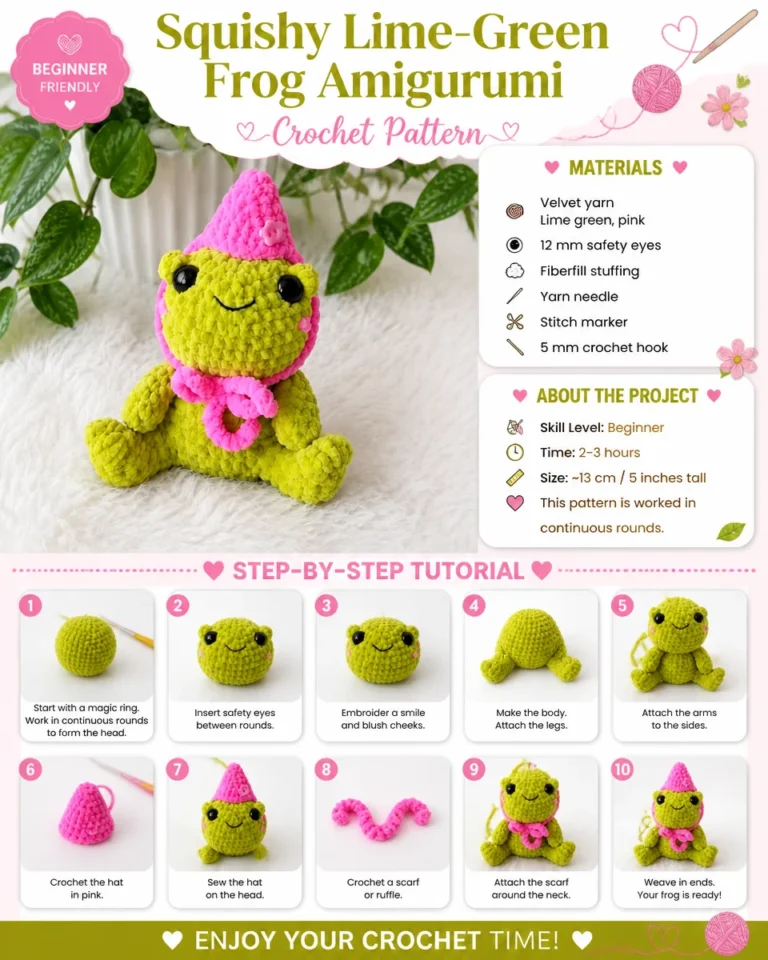 Lime green frog amigurumi squishy toy, soft and cuddly