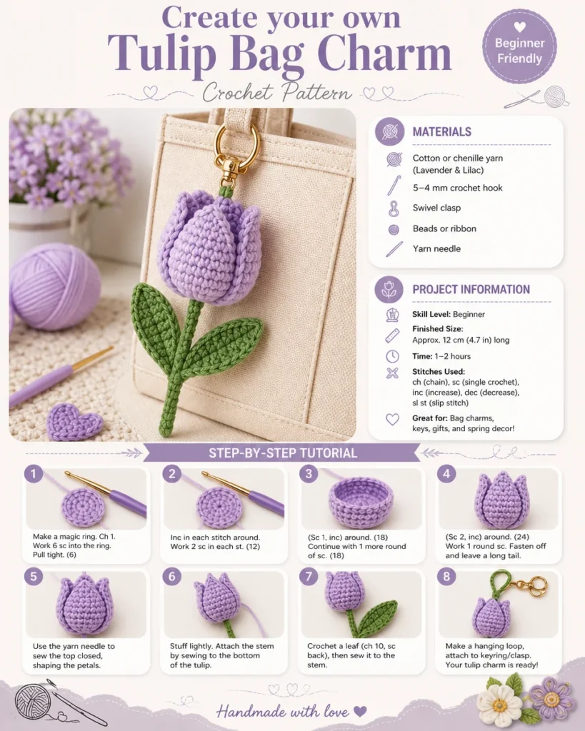 Handmade tulip bag charm for personalizing purses and bags