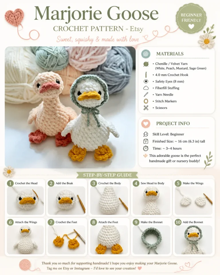 Marjorie Goose Crochet Pattern with detailed yarn and hook instructions