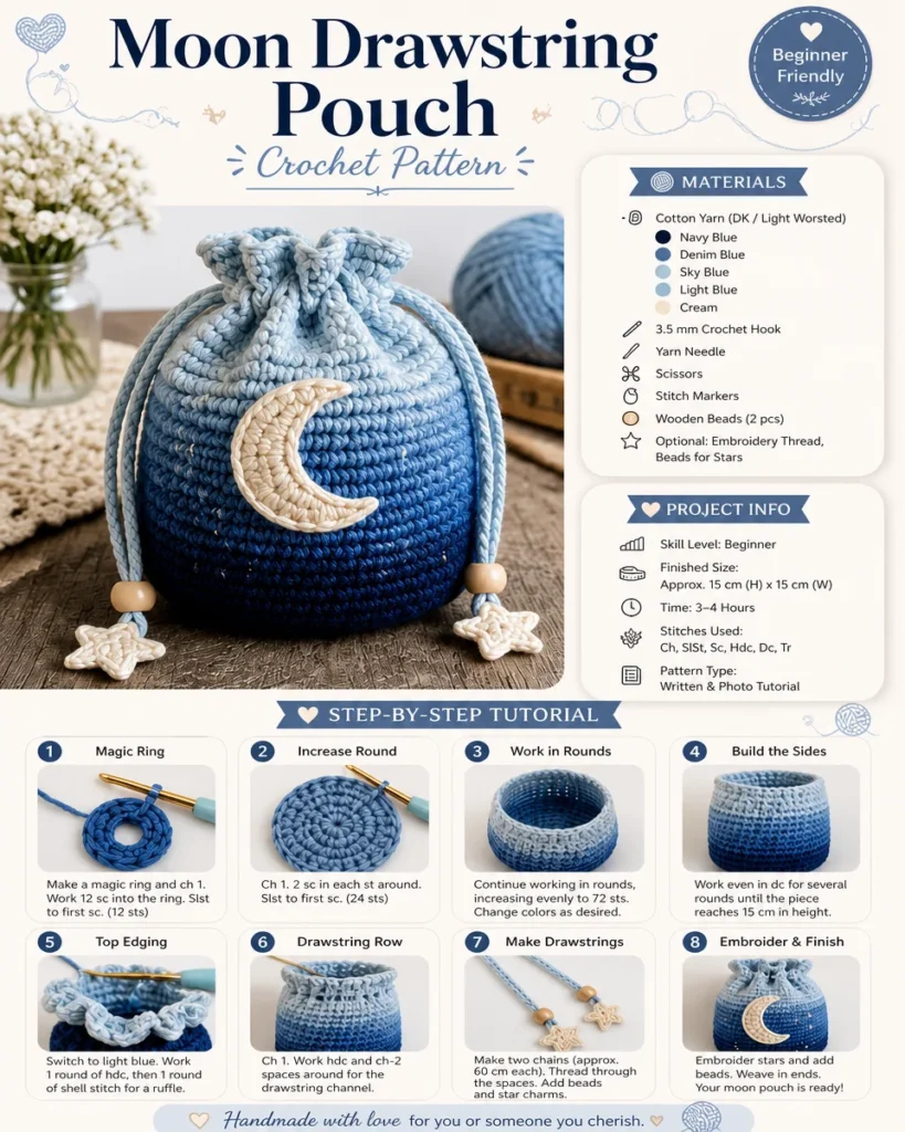 Moon-inspired crochet drawstring pouch pattern for crafters