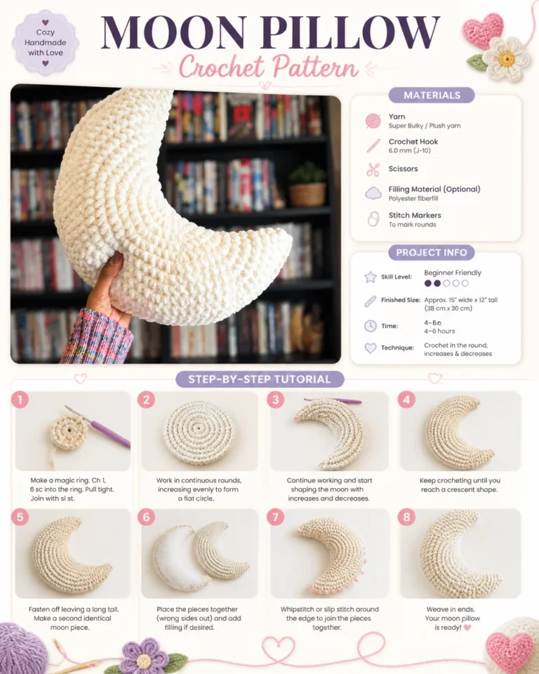 Crochet pattern for a moon-shaped pillow, showcasing vibrant colors and textures.