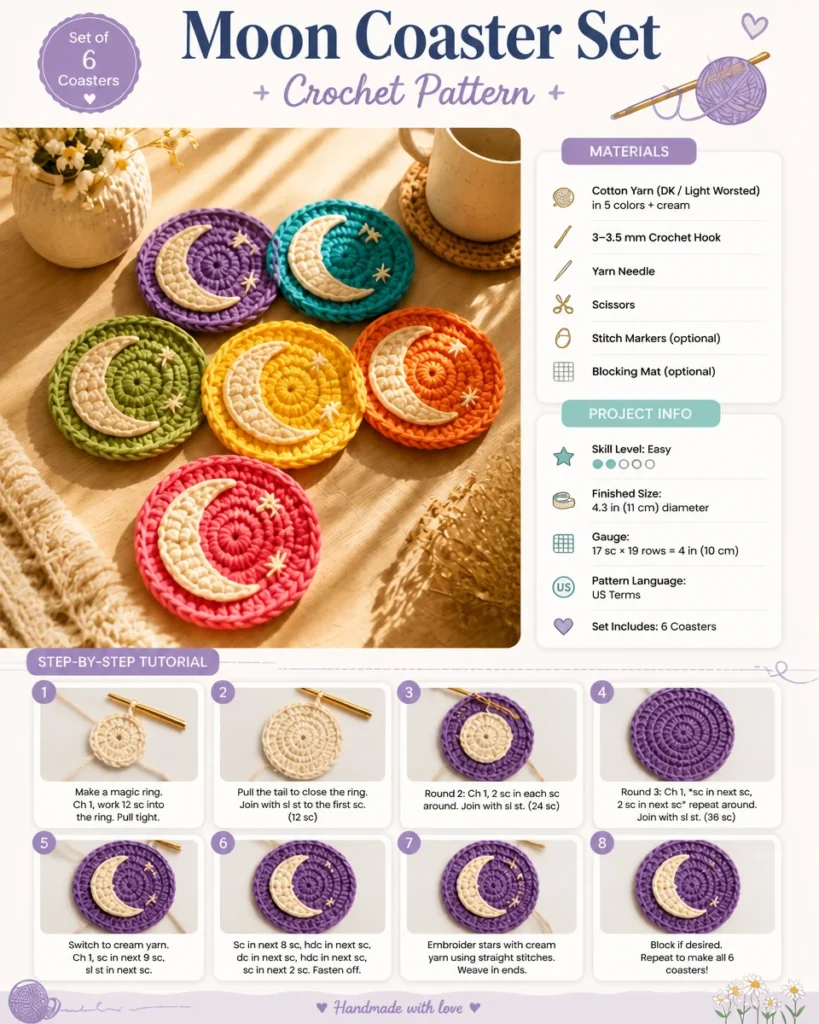 Moon-themed coaster set crochet pattern showcasing intricate designs.