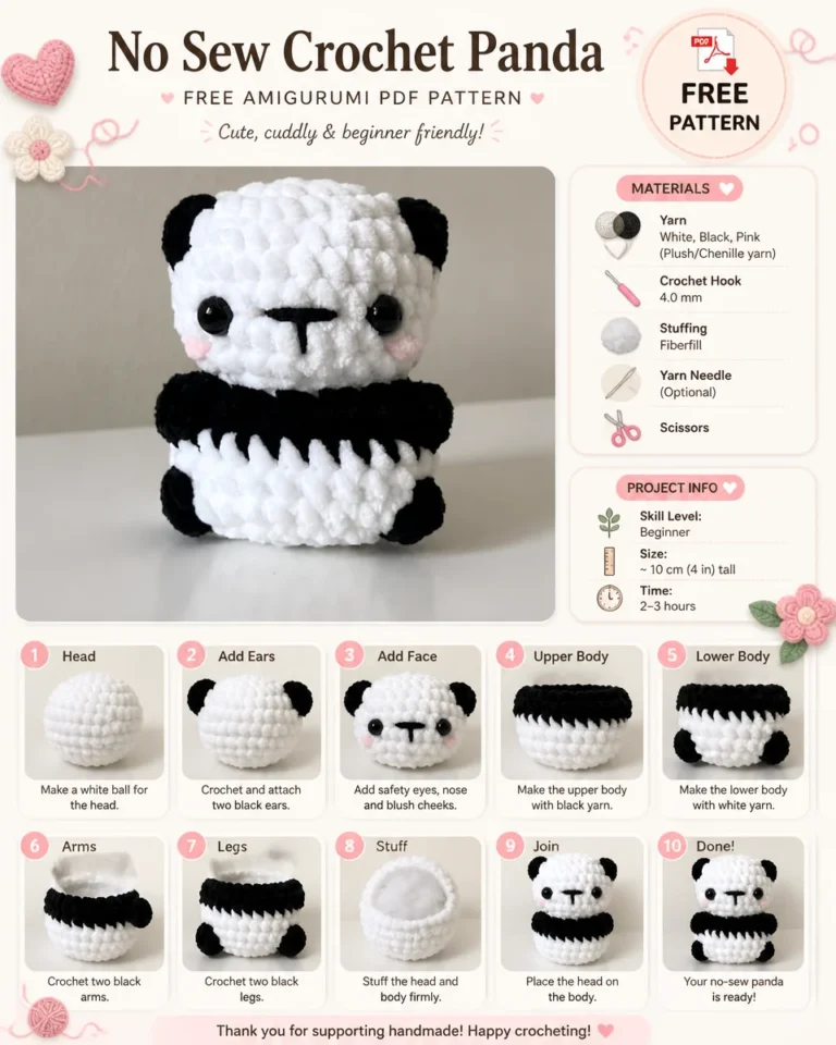 No-sew crochet panda amigurumi pattern free PDF download