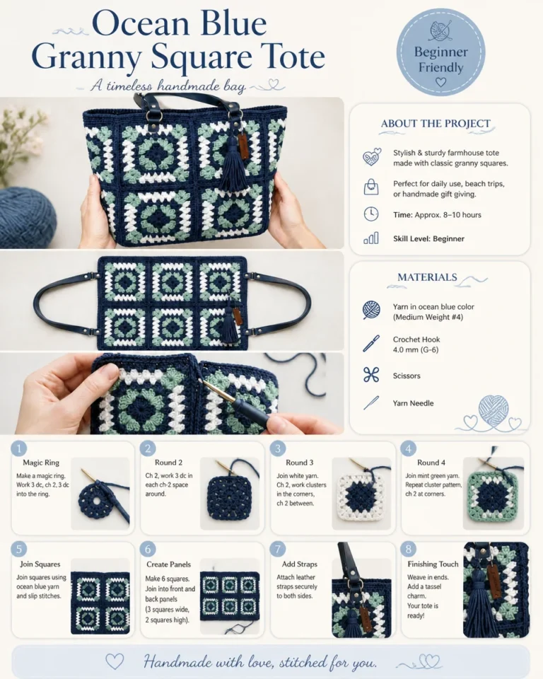 Ocean Blue Crochet Granny Square Tote bag for stylish carrying