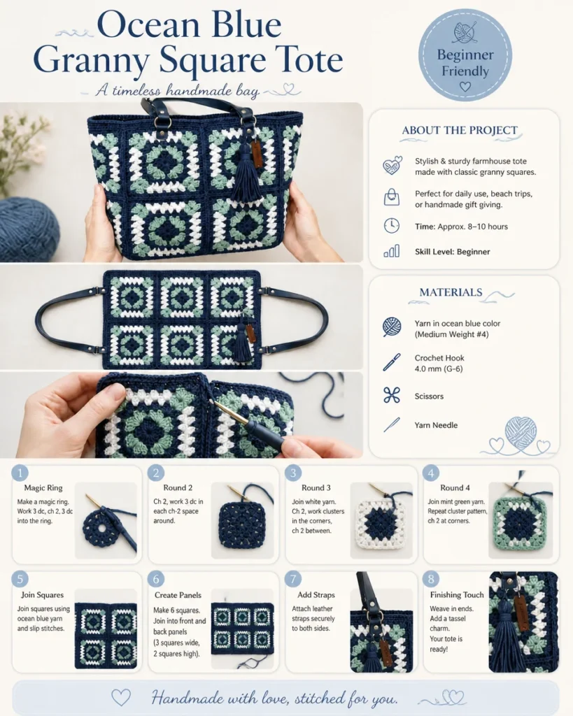 Ocean Blue Crochet Granny Square Tote bag for stylish carrying