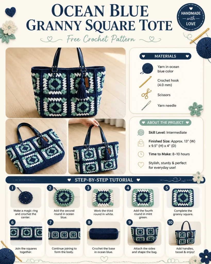 Ocean Blue Granny Square Tote Bag with vibrant crochet patterns