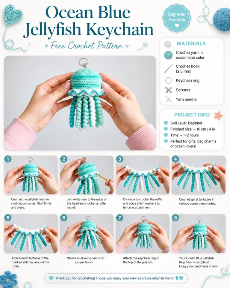 Crocheted ocean blue jellyfish keychain pattern for DIY crafting