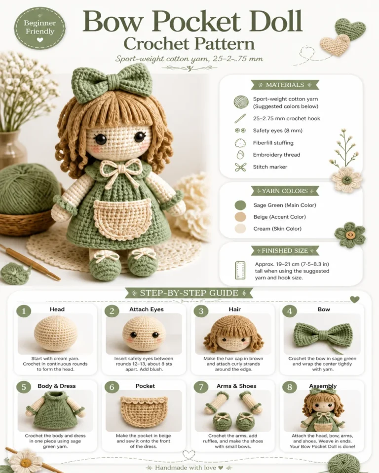 Pocket doll crochet pattern with bow for easy crafting