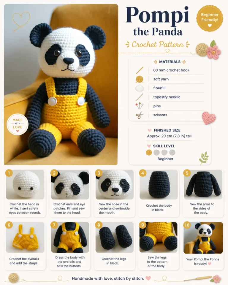 Pompi the Panda enjoying an adventure in a vibrant forest setting.