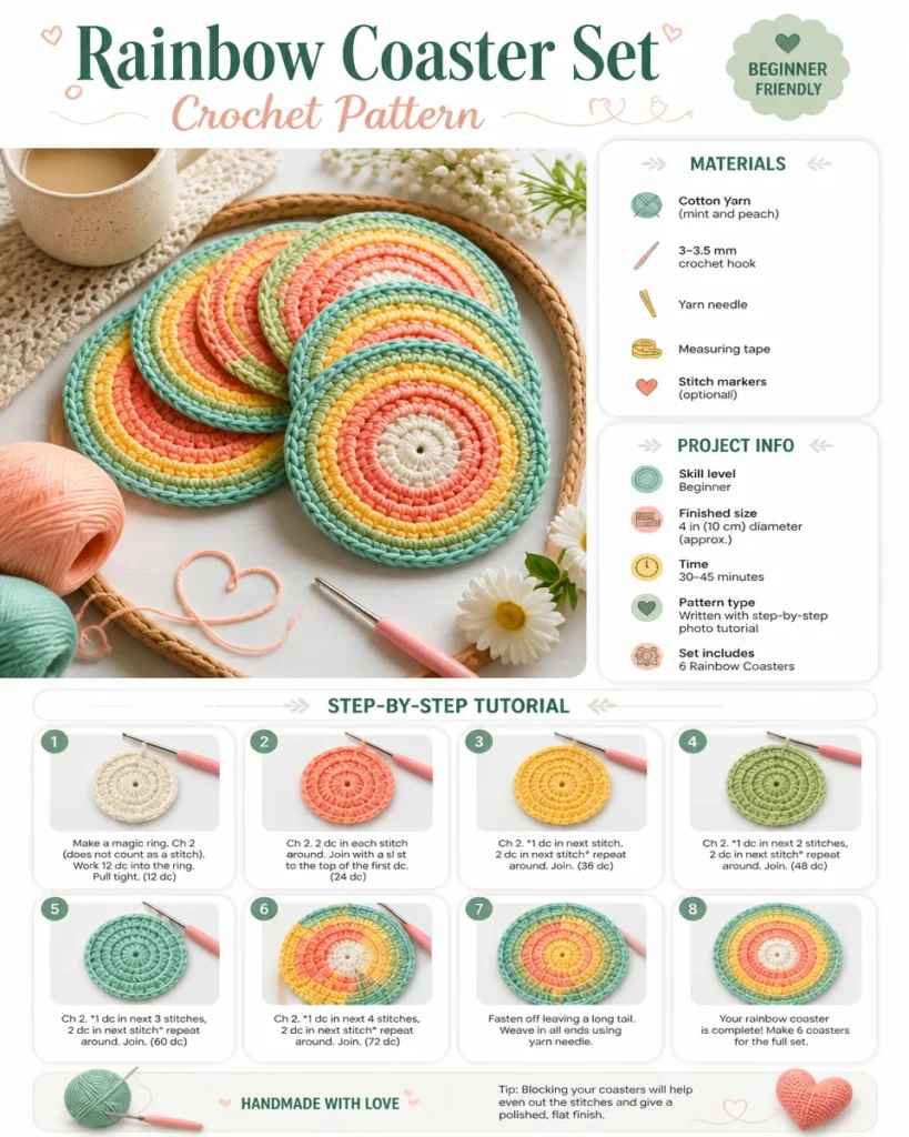 Rainbow Coaster Set crochet pattern for colorful home decor.