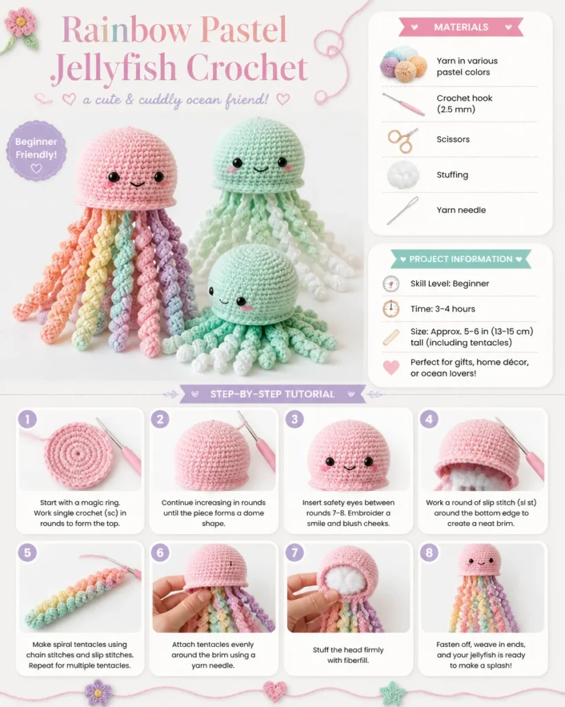 Rainbow pastel jellyfish crochet pattern for creative projects