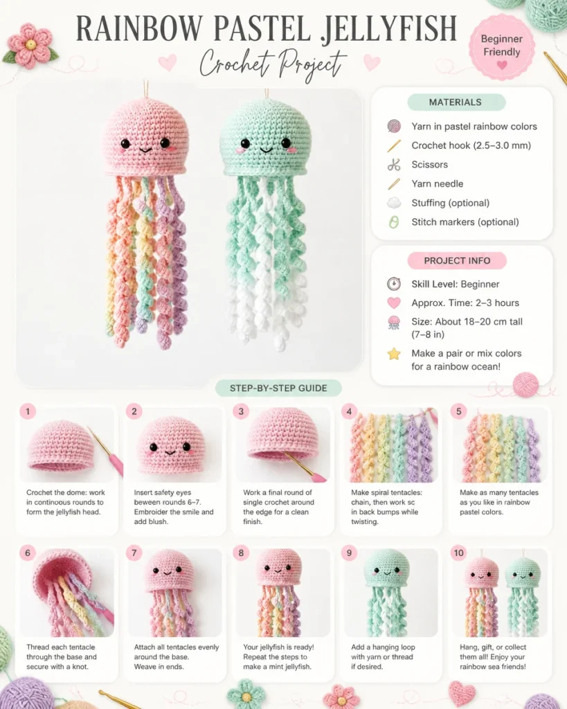 Rainbow pastel jellyfish crochet pattern showcasing vibrant colors and design