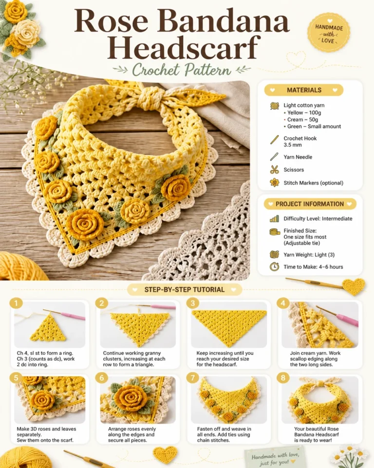 Beautiful Rose Crochet Bandana Headscarf Pattern for stylish accessories