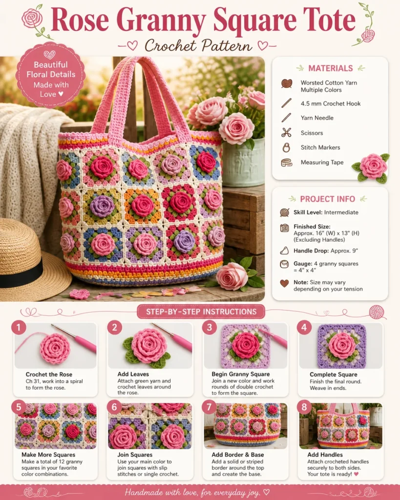 Rose Pattern Granny Square Tote Bag, stylish crochet accessory for all occasions