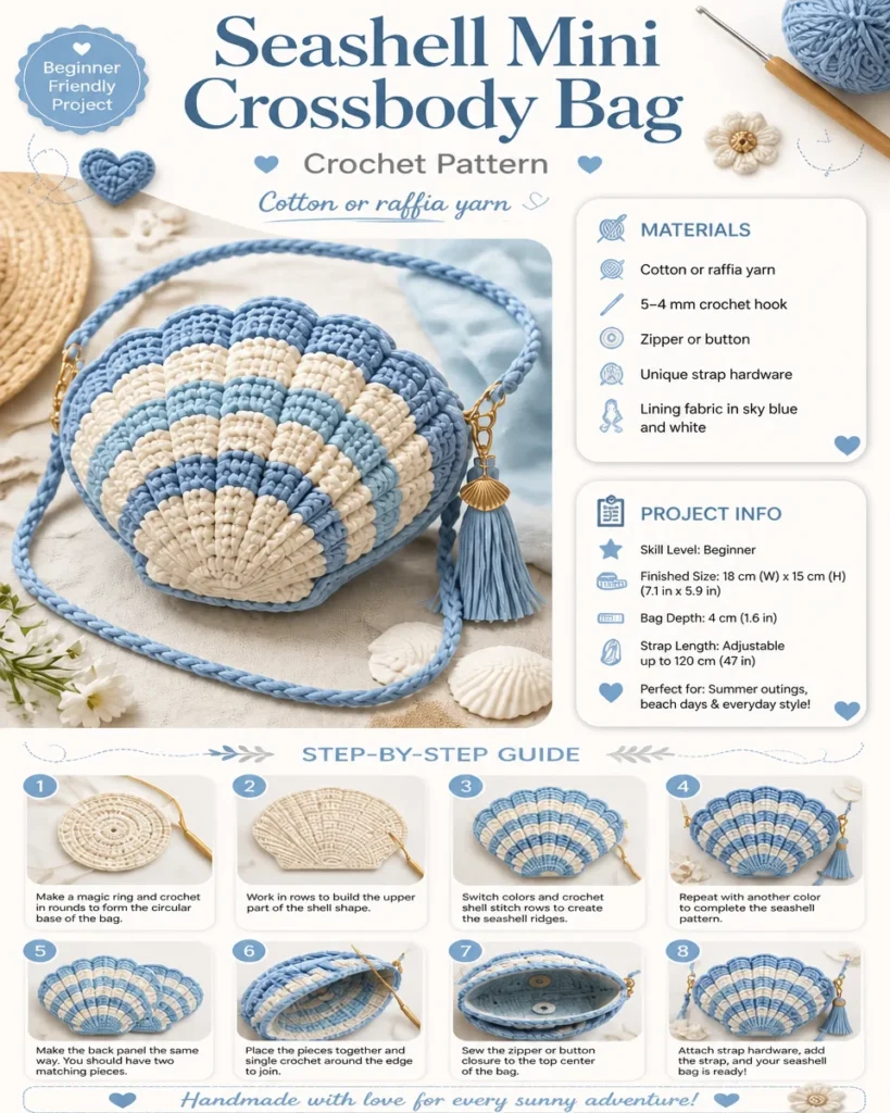 Seashell-themed mini crossbody bag crochet pattern design