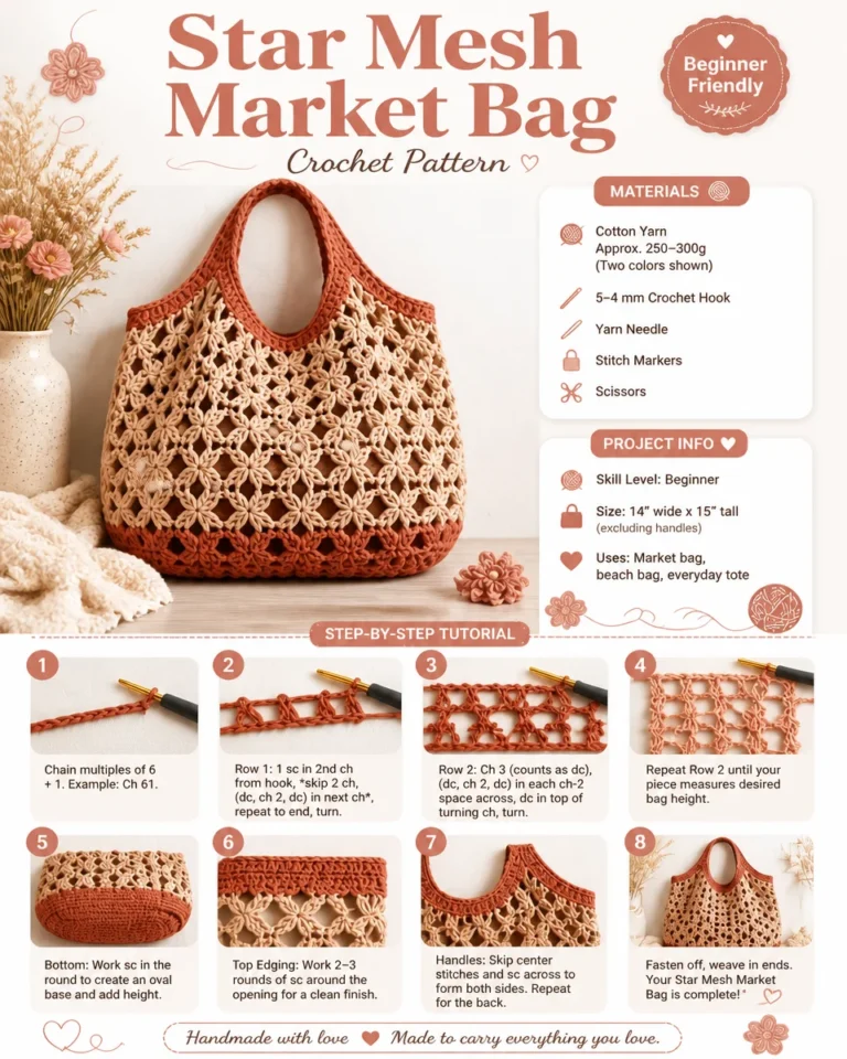 Star Mesh Market Tote crochet pattern for a DIY crochet bag