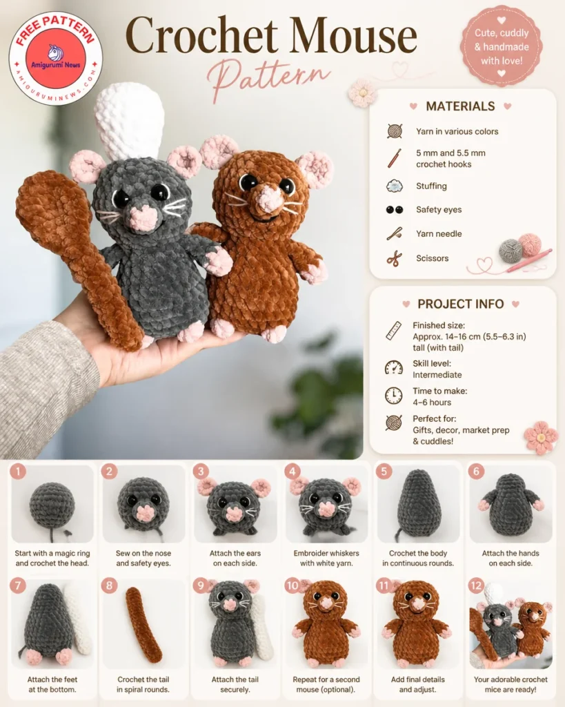Easy step-by-step crochet mouse pattern for beginners