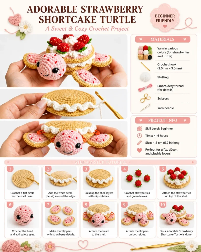 Crocheted Strawberry Shortcake Turtle project showcased in vibrant colors
