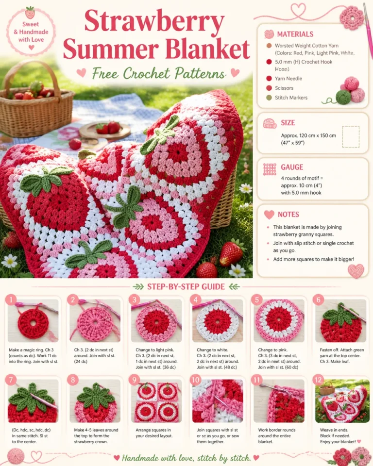 Strawberry Summer Blanket crochet patterns showcasing vibrant, colorful designs.
