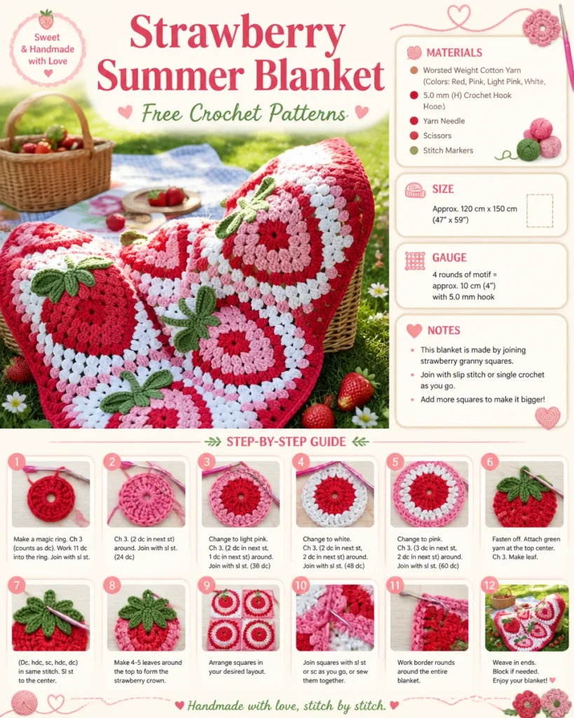 Strawberry Summer Blanket crochet patterns showcasing vibrant, colorful designs.