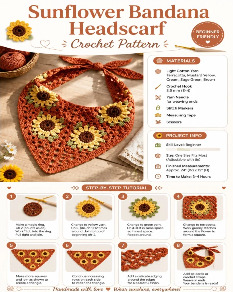 Sunflower bandana headscarf floral hair accessory for stylish outfits
