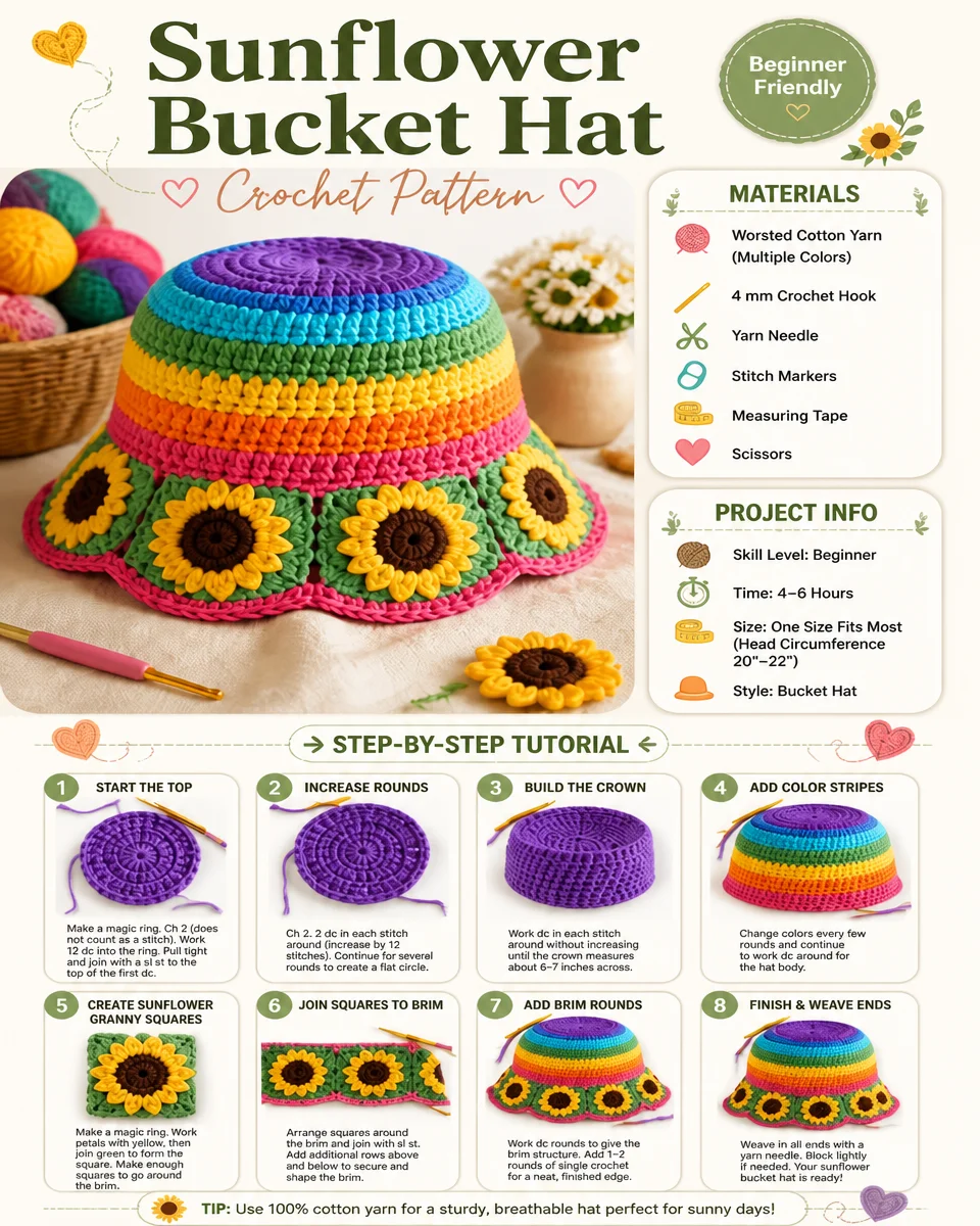 1. Sunflower Bucket Hat Crochet Pattern