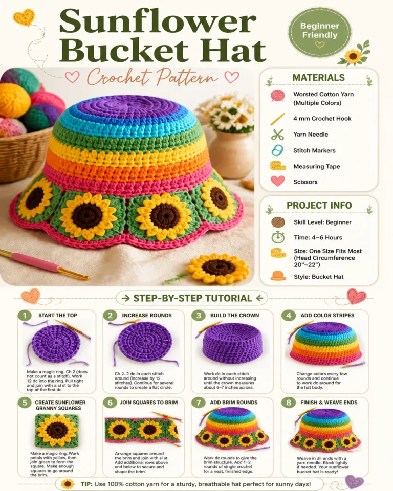 Sunflower bucket hat crochet pattern for beginners