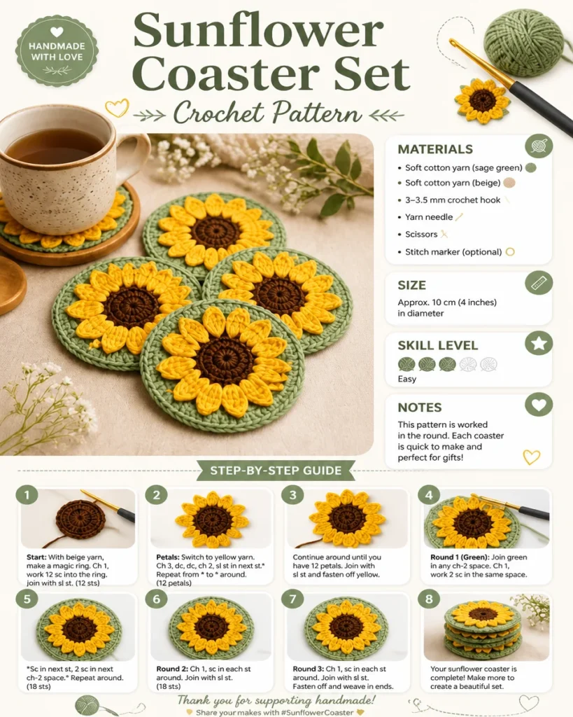 Sunflower crochet coaster set pattern for vibrant home decor