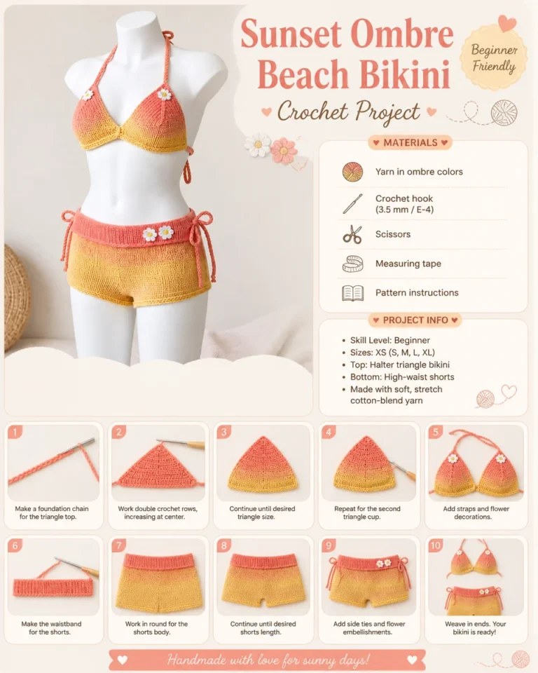 Sunset ombre crochet bikini design showcasing vibrant colors and intricate patterns.