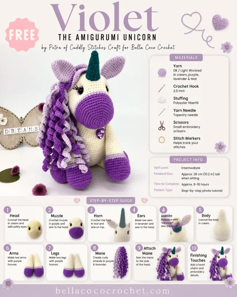 Violet the Amigurumi Unicorn crochet pattern from Bella Coco Crochet
